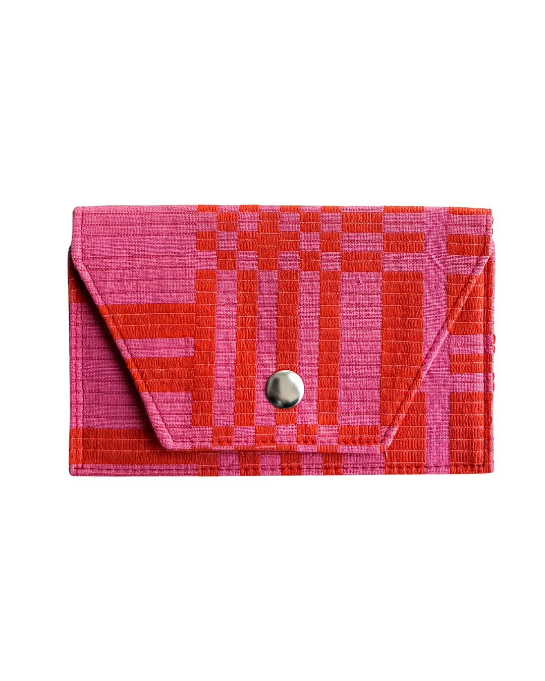 Pink and red woven mini wallet with a snap on a white background