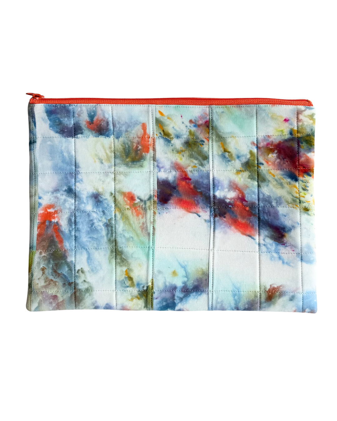 Colorful watercolor patterned laptop case with a red zipper on a white background