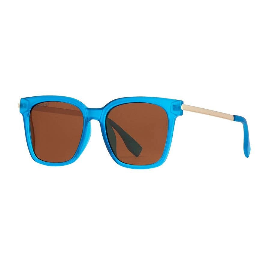 Blue eco-friendly sunglasses for adults with brown polarized lenses on a white background