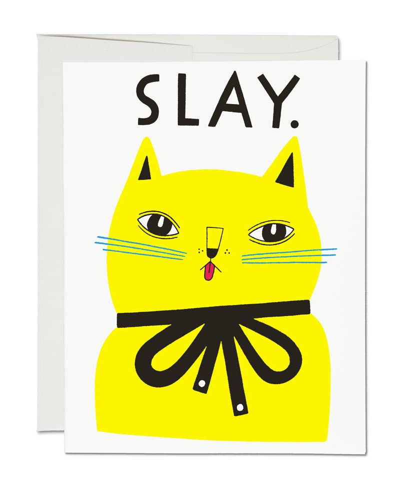 Greeting Card with a yellow cat illustration and the word 'SLAY' on a white background