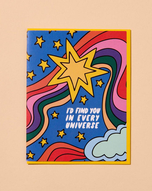 Colorful card with star and text on a beige background