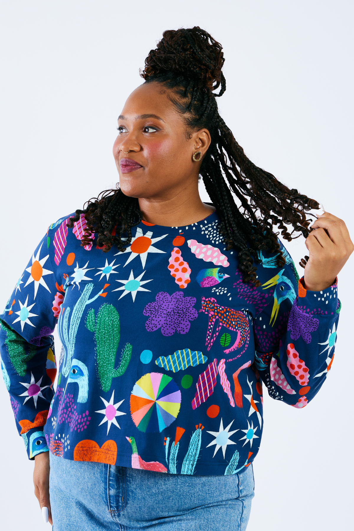 woman wearing a sustainable and soft colorful top