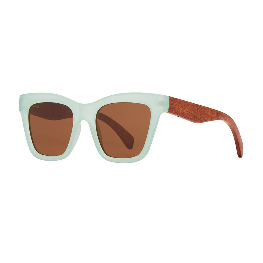 eco-friendly Sunglasses with light green frame and brown polarized lenses on a white background