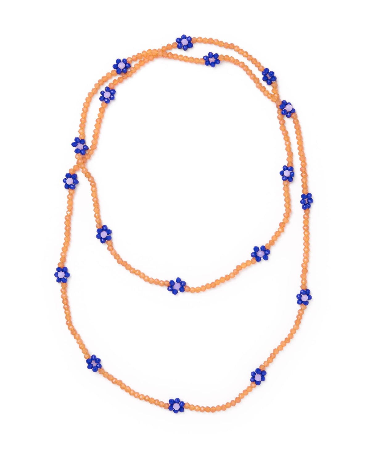 A beaded necklace made of small orange beads with repeated blue flower-shaped beads spaced along the strand, shown on a plain white background.