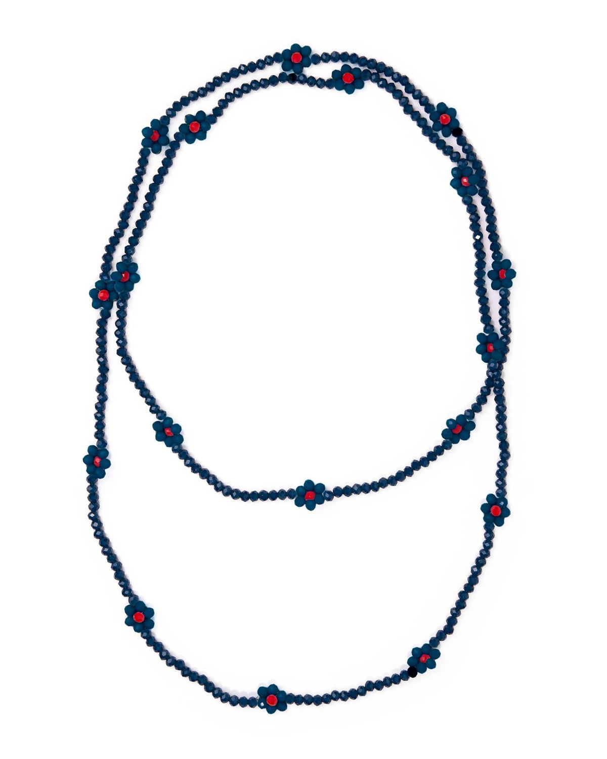 A long beaded necklace with dark blue beads and small red flower-shaped accents, displayed on a plain white background.