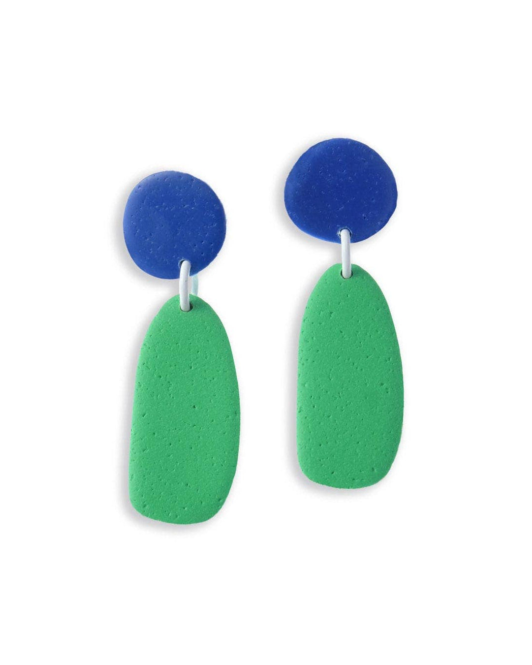 Lightweight statement earrings with blue and green shapes on a white background