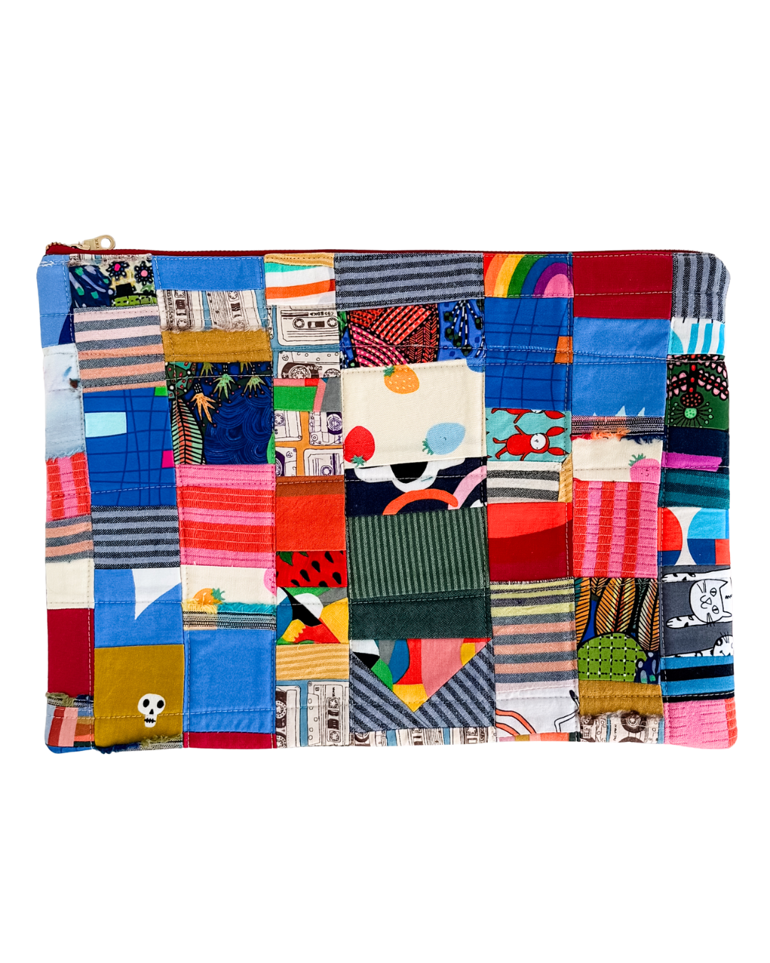 Colorful patchwork pouch with a white background