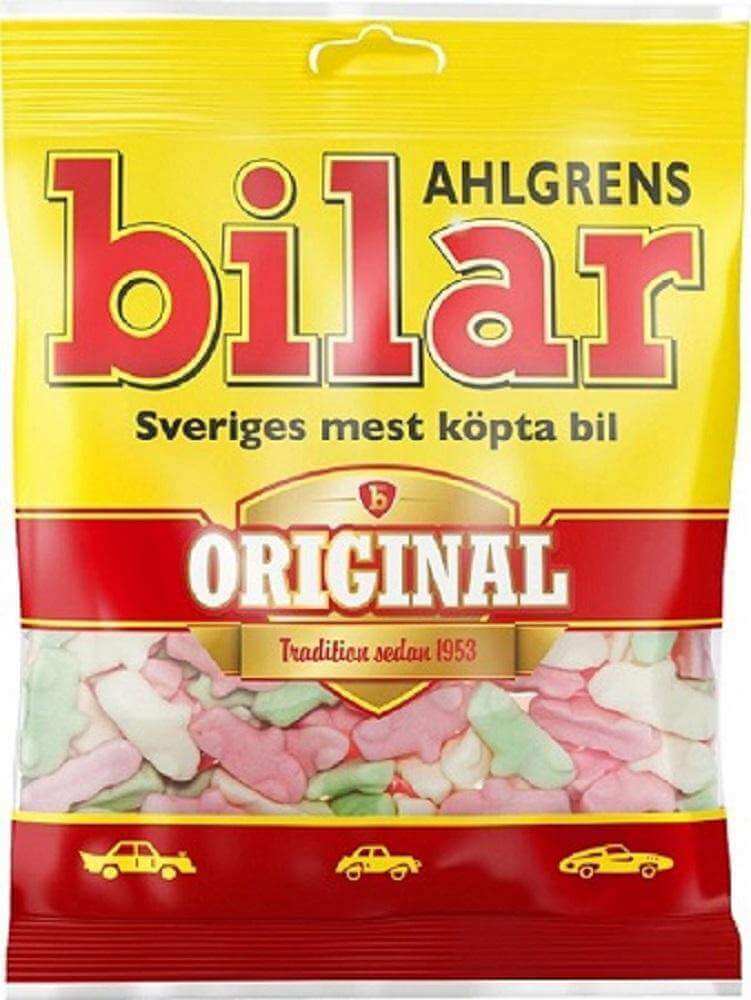 Packaging of Ahlgrens Swedish bilar candy with yellow and red design