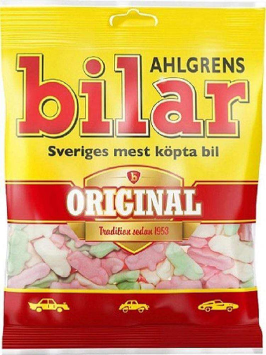 Packaging of Ahlgrens Swedish bilar candy with yellow and red design