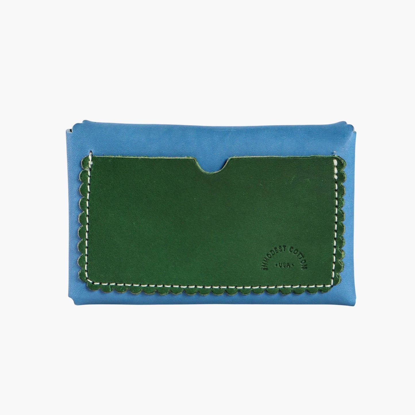 Blue and green Italian leather wallet with a visible brand logo on a white background