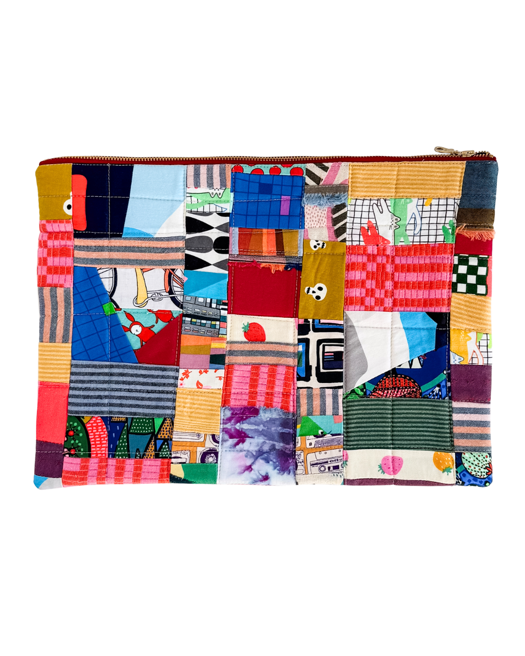 Colorful quilted laptop case on a white background