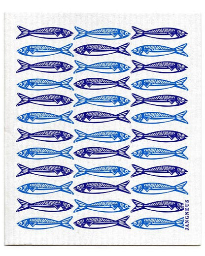 swedish dish cloth with illustrated blue fish printed
