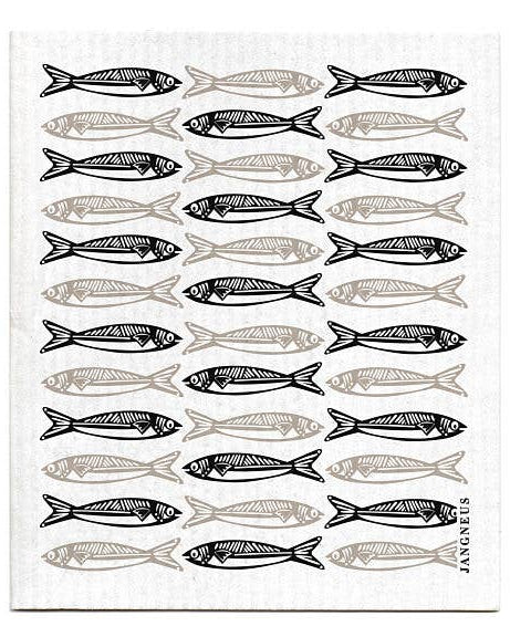 Swedish dish towel with black and gray sardines printed on it