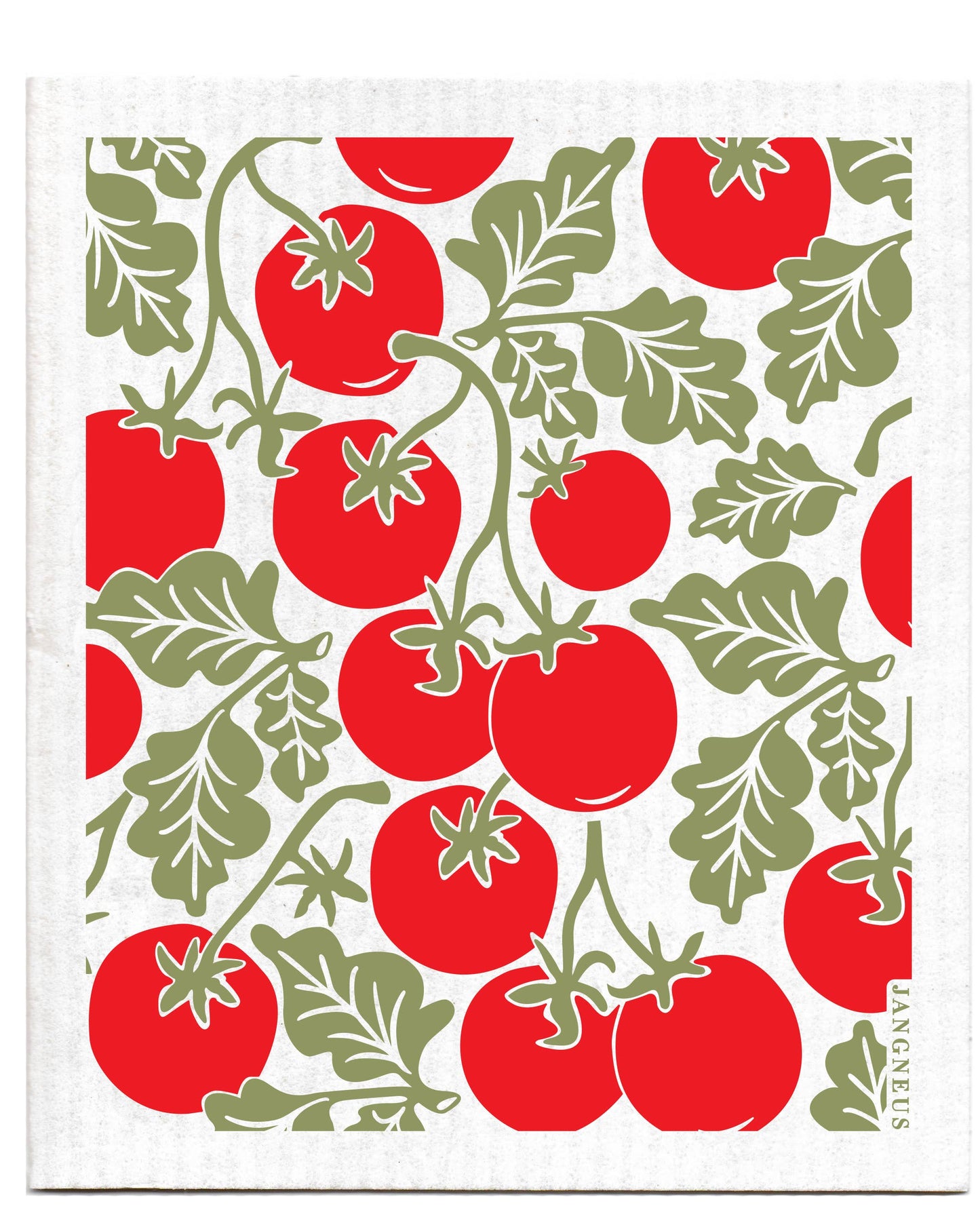 Patterned disch cloth with red tomatoes and green leaves on a white background