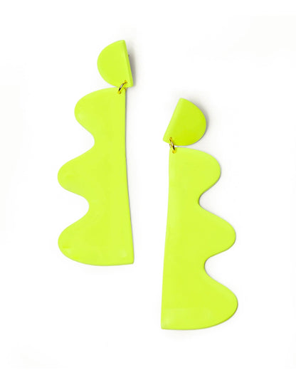 Pair of neon green wavy earrings on a white background