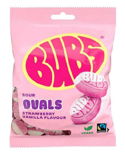 Pink package of Bubs Sour Ovals with strawberry vanilla flavor on a white background