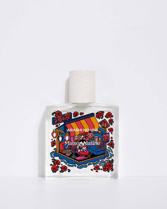 Perfume bottle labeled Arashi No Umi with colorful label featuring text and graphics on a white background