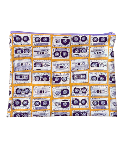 cotton zipper Pouch with cassette tape pattern on a yellow background