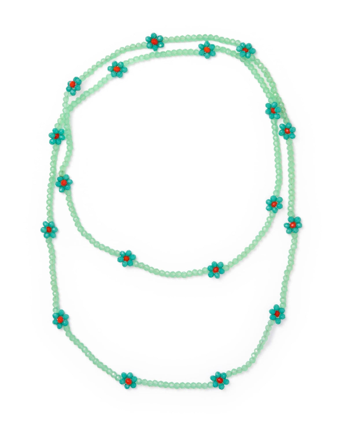 A single-strand beaded necklace featuring a light mint green bead chain with small flower motifs in teal and red, displayed on a clean white background.