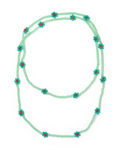 A single-strand beaded necklace featuring a light mint green bead chain with small flower motifs in teal and red, displayed on a clean white background.