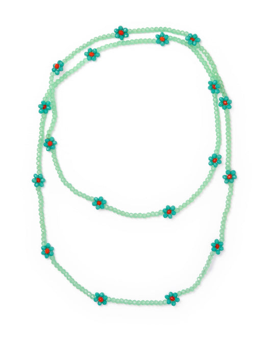 A single-strand beaded necklace featuring a light mint green bead chain with small flower motifs in teal and red, displayed on a clean white background.