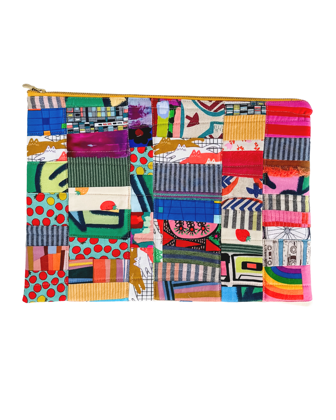 Colorful patchwork pouch on a white background