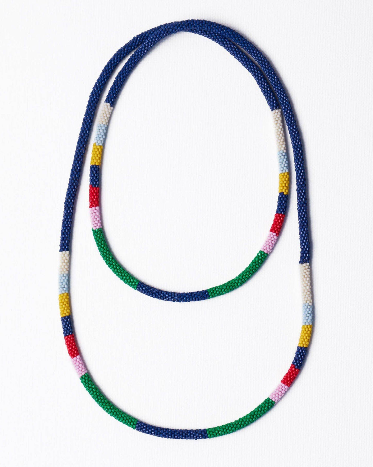 Colorful beaded necklace on a white background