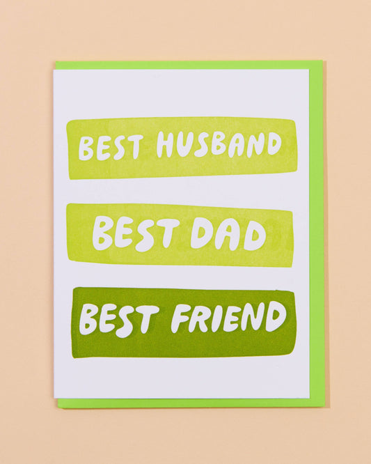 Greeting card with 'Best Husband, Best Dad, Best Friend' text on a beige background