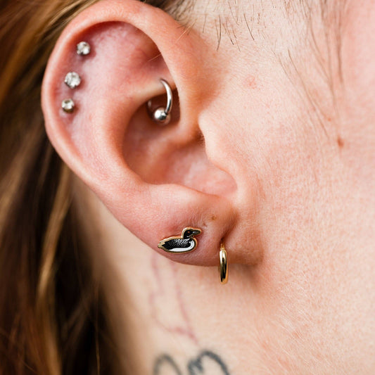 Close-up of an ear with multiple piercings and gold hoop earrings.