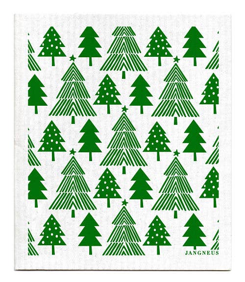 Swedish dish cloth with christmas trees printed on it.
