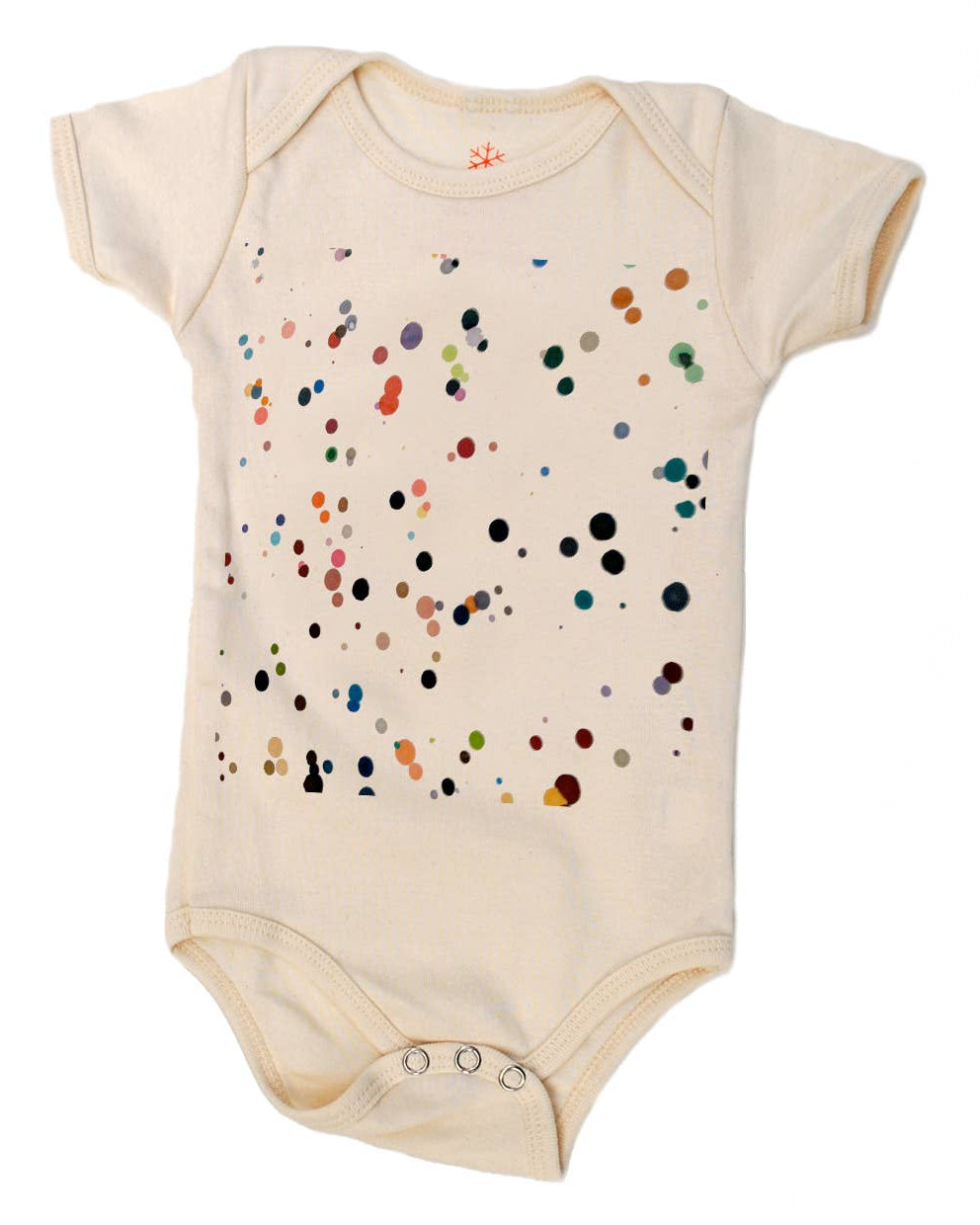 Beige baby onesie with colorful dot pattern on a white background