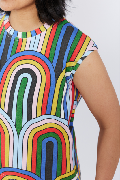 Colorful abstract patterned tank top by Lilla Barn Clothing on a plain background