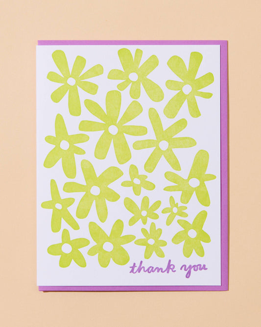 thank you card with letterpress printed neon yellow flowers