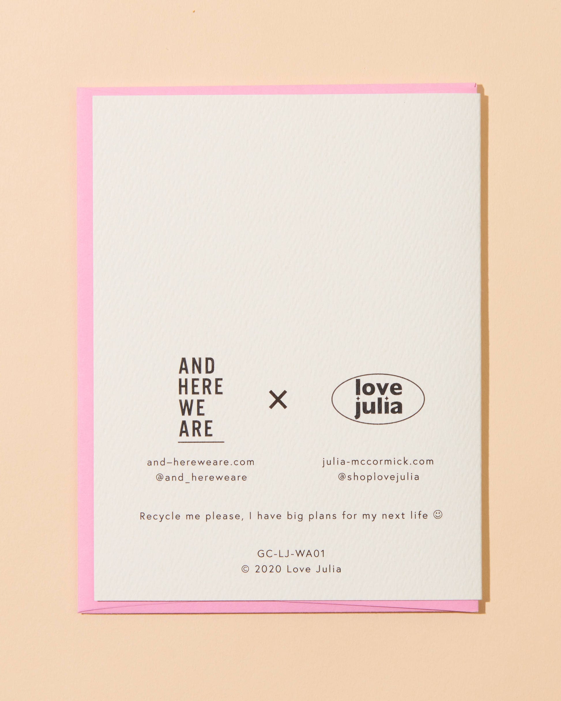 Card with text and branding on a beige background