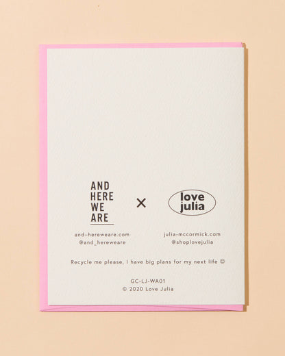 Card with text and branding on a beige background