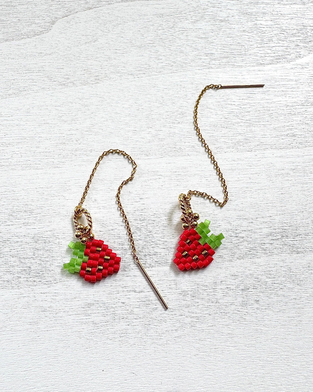 red strawberry woven bead ear threader earrings on 14k gold filled wire