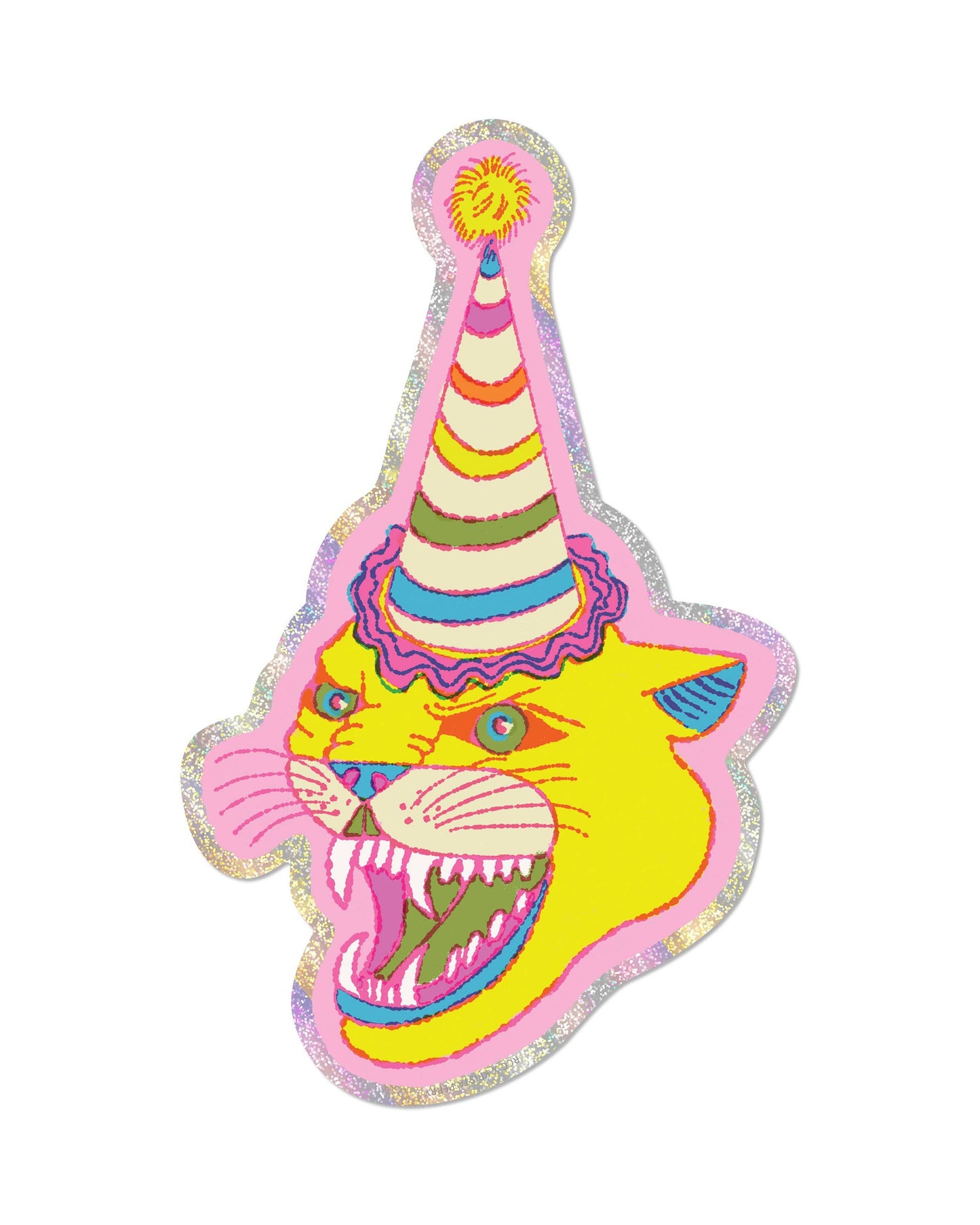 Colorful cat-shaped sticker with a party hat on a white background