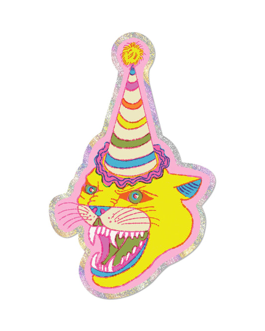 Colorful cat-shaped sticker with a party hat on a white background