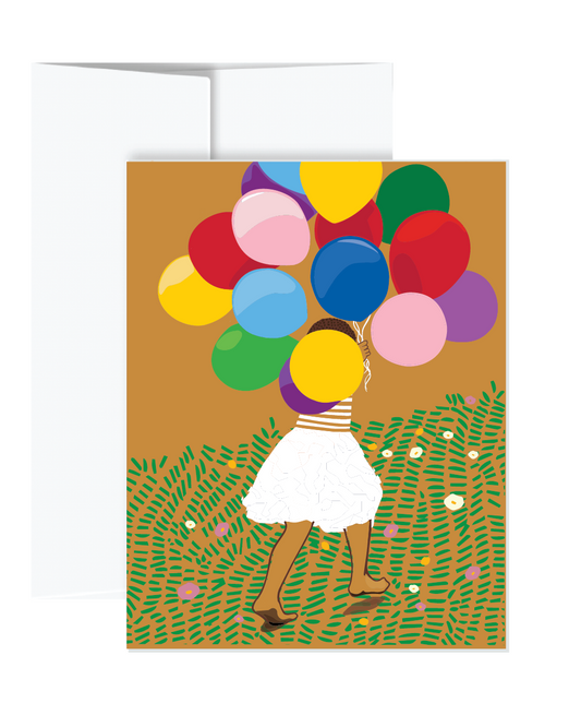 Greeting card with colorful balloons and a person in a white dress on a brown background