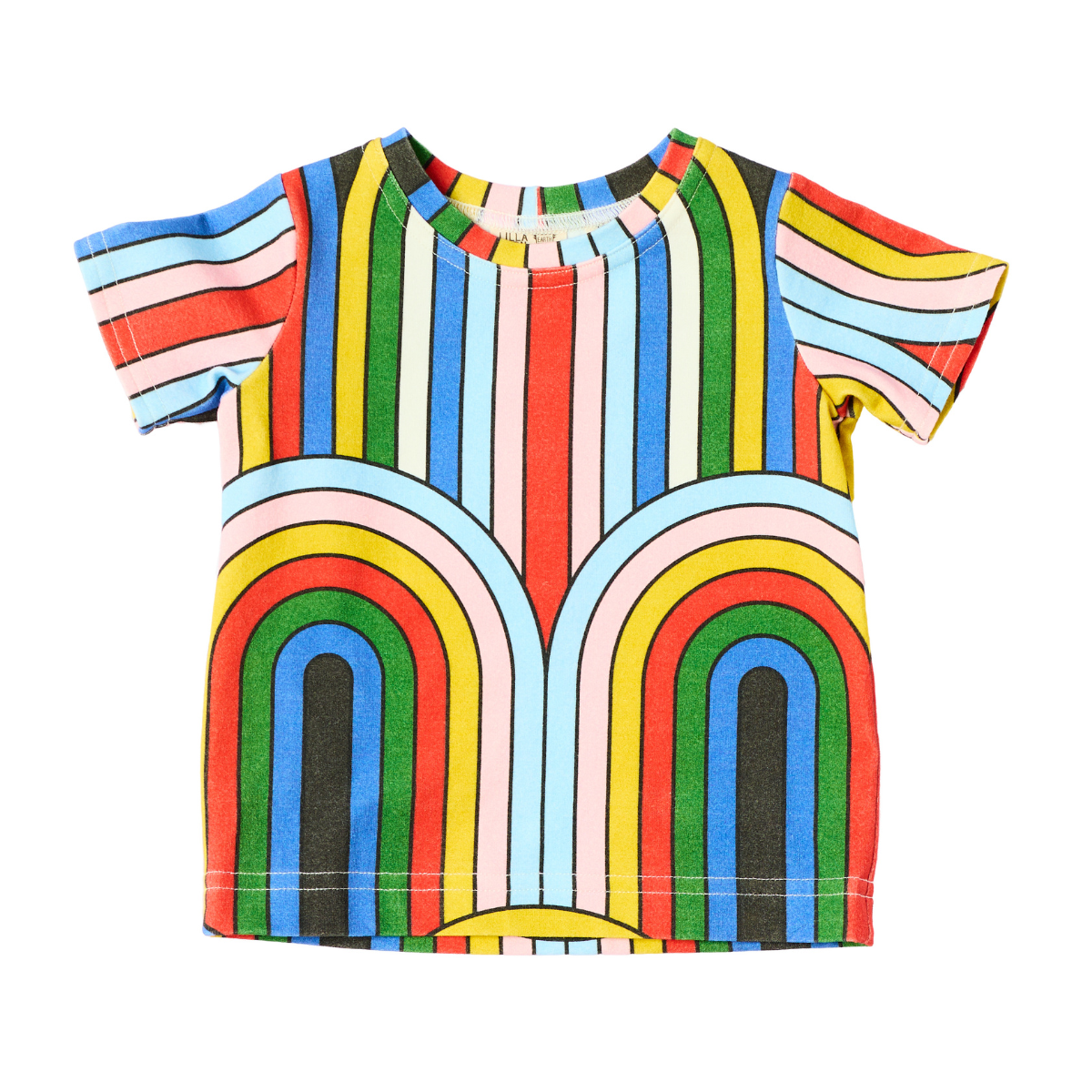 Colorful organic cotton striped top with rainbow design from Lilla Barn Clothing on a white background