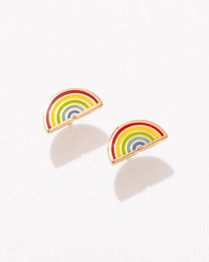A pair of rainbow-colored enamel stud earrings with gold-plated brass details.