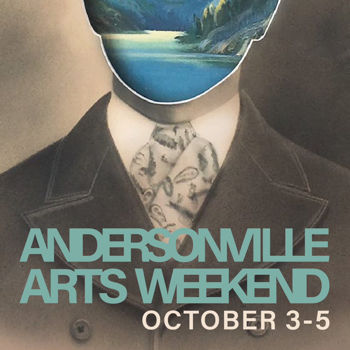 Person wearing a suit with a scenic landscape replacing their head, promoting Andersonville Arts Weekend.