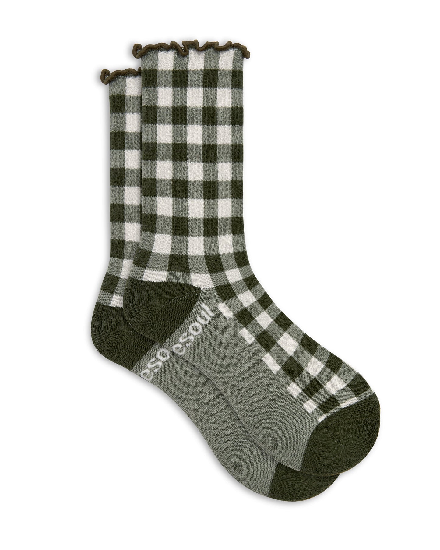Green and white checkered ruffle socks with brand name on a white background