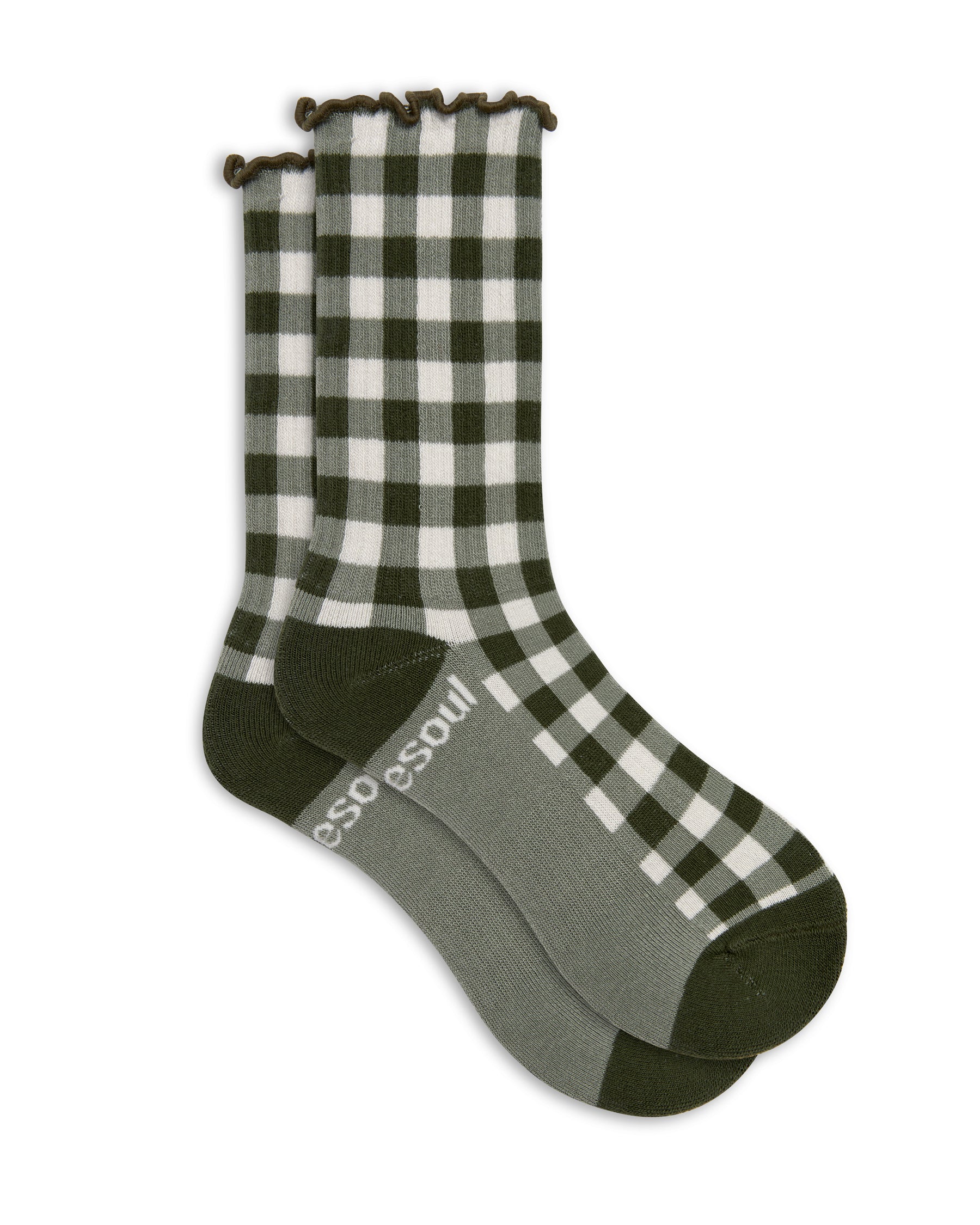 Green and white checkered ruffle socks with brand name on a white background