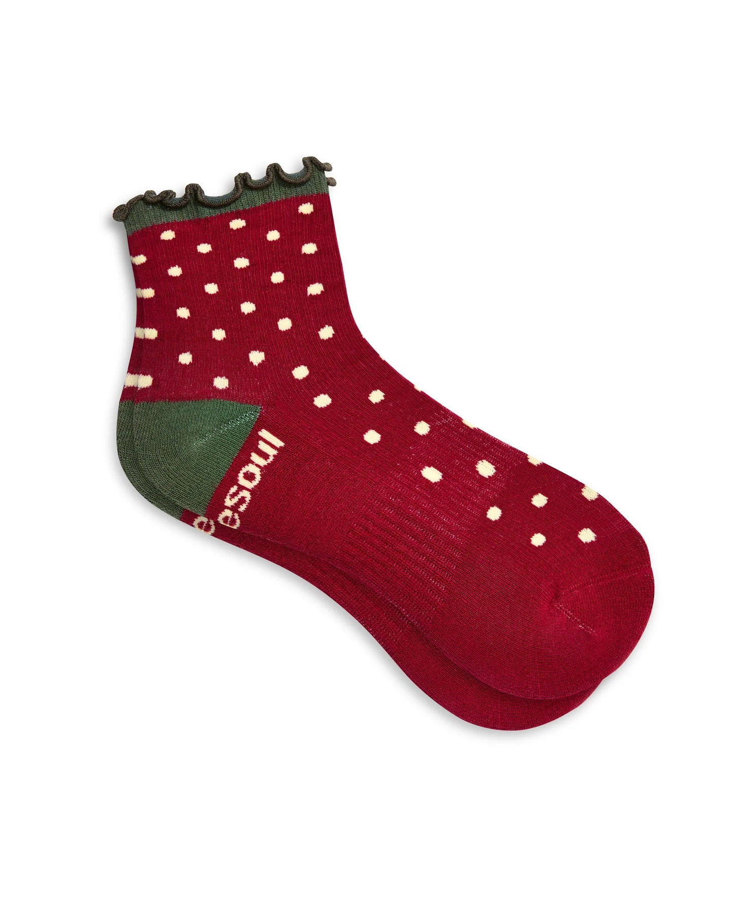 Organic cotton Strawberry Ruffle sock with green accents on a white background