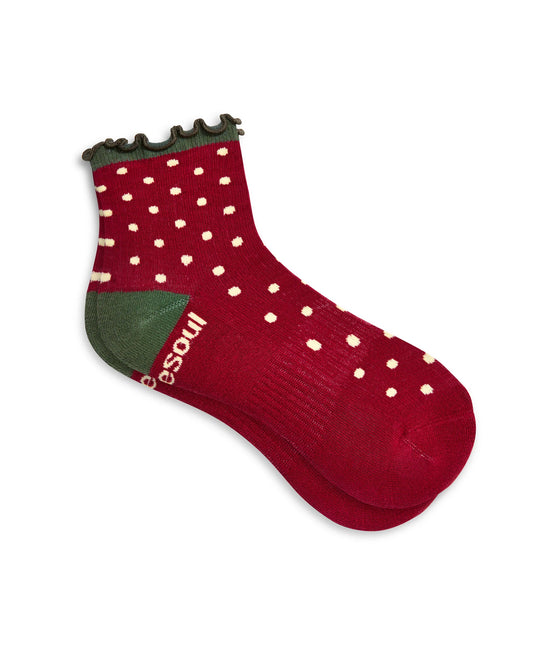 Organic cotton Strawberry Ruffle sock with green accents on a white background