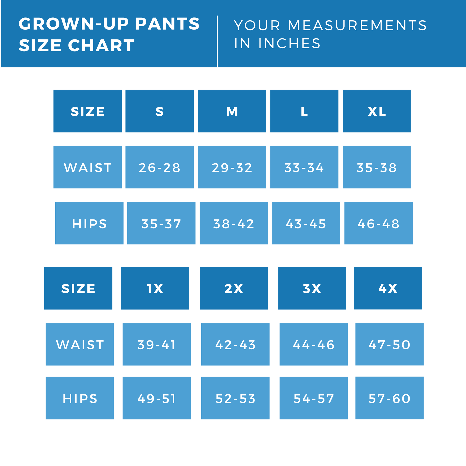 Grown-up pants size chart with measurements in inches on a white background
