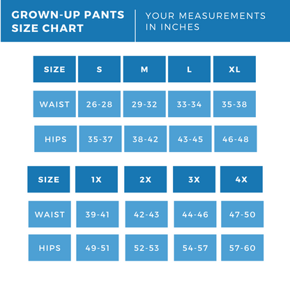 Grown-up pants size chart with measurements in inches on a white background