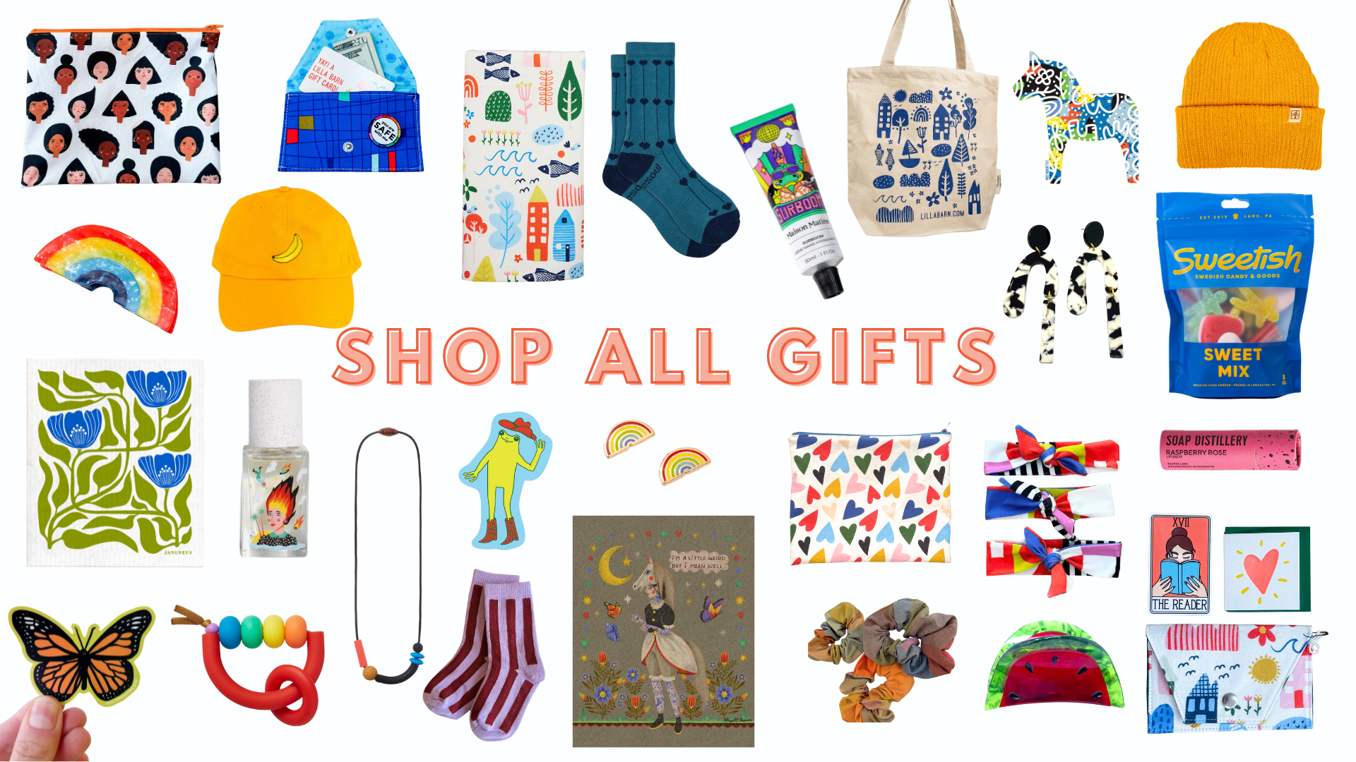 Collage of various gifts with 'Shop All Gifts' text on a white background