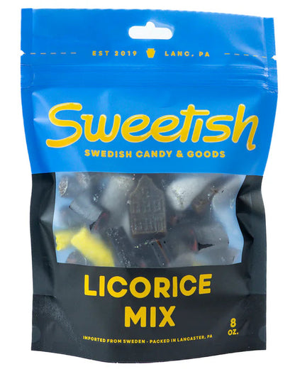 Sweetish Swedish candy black licorice mix packaging on a white background
